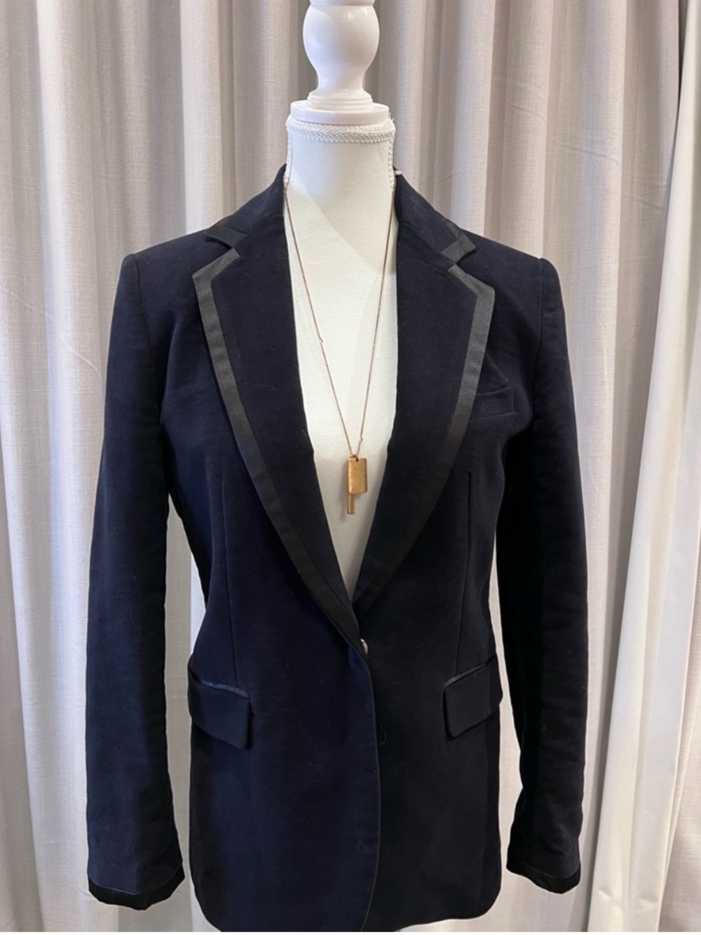 Zara Navy Blue Velvet Blazer with Satin-Trim Lapel